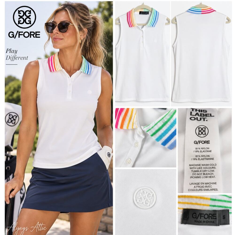 G/FORE Womens Sleeveless Golf Polo S White Rainbow Stripe Collar Stretch NWOT